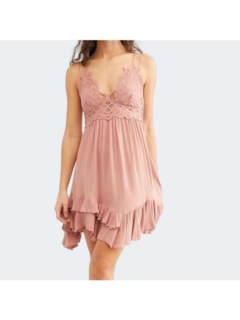 FP One Adella Slip Lace & Ruffle Detail Rose Mini Dress Adjustable Straps Medium
